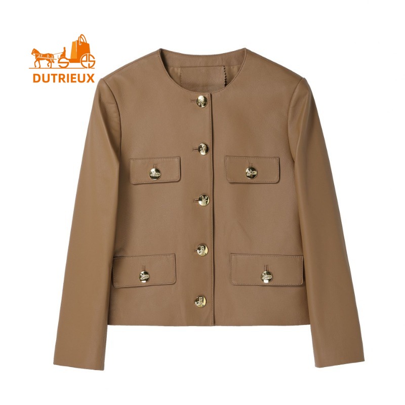 Genuine Leather Women's Jacket , Short Round Neck Sheepskin Coat Elegant Temperament , New Warm Cowhide Jacket for Winter Travel