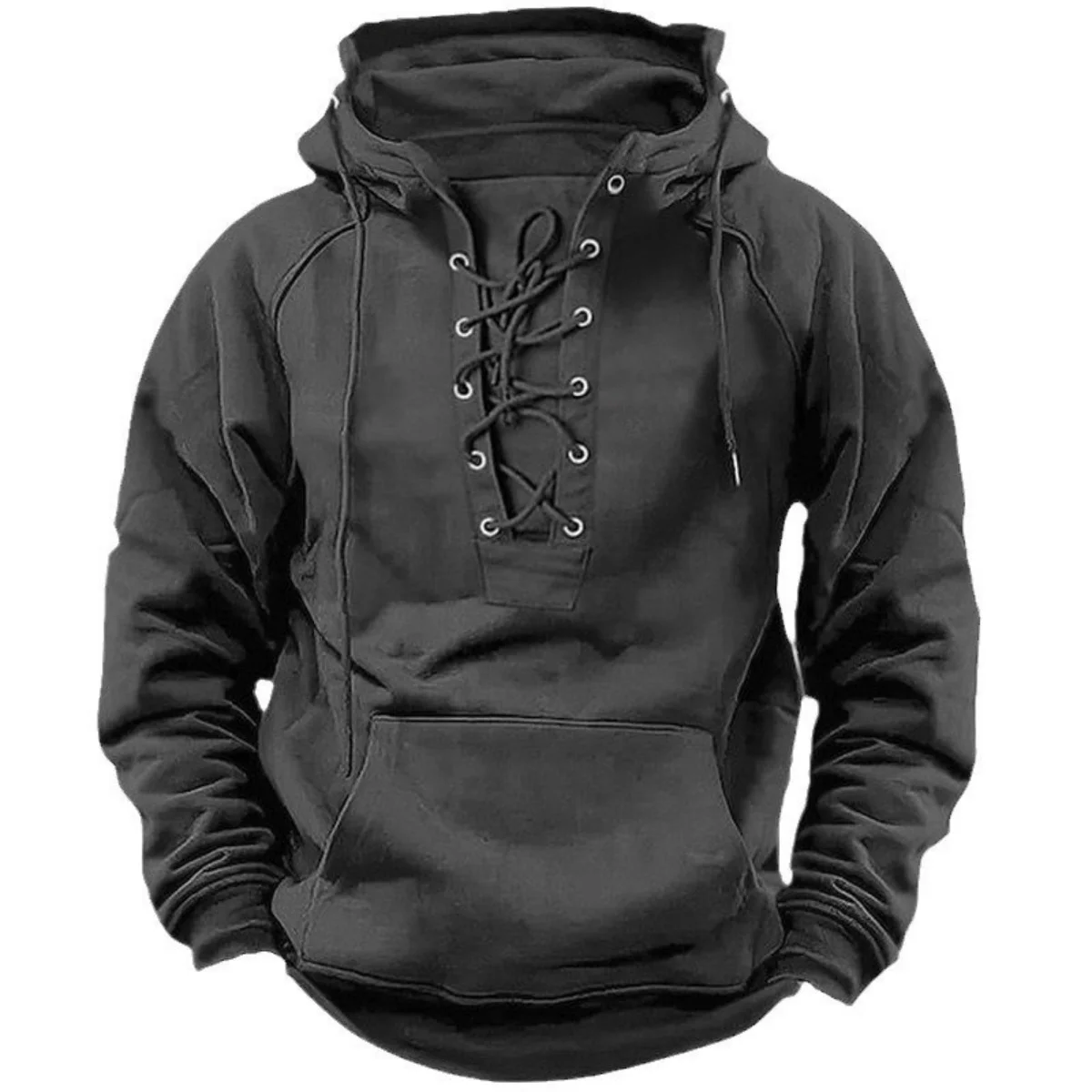 2025 Jaqueta casual masculina outono inverno ao ar livre: retrô com cadarço, ajuste solto, moletom com capuz de manga comprida de cor pura