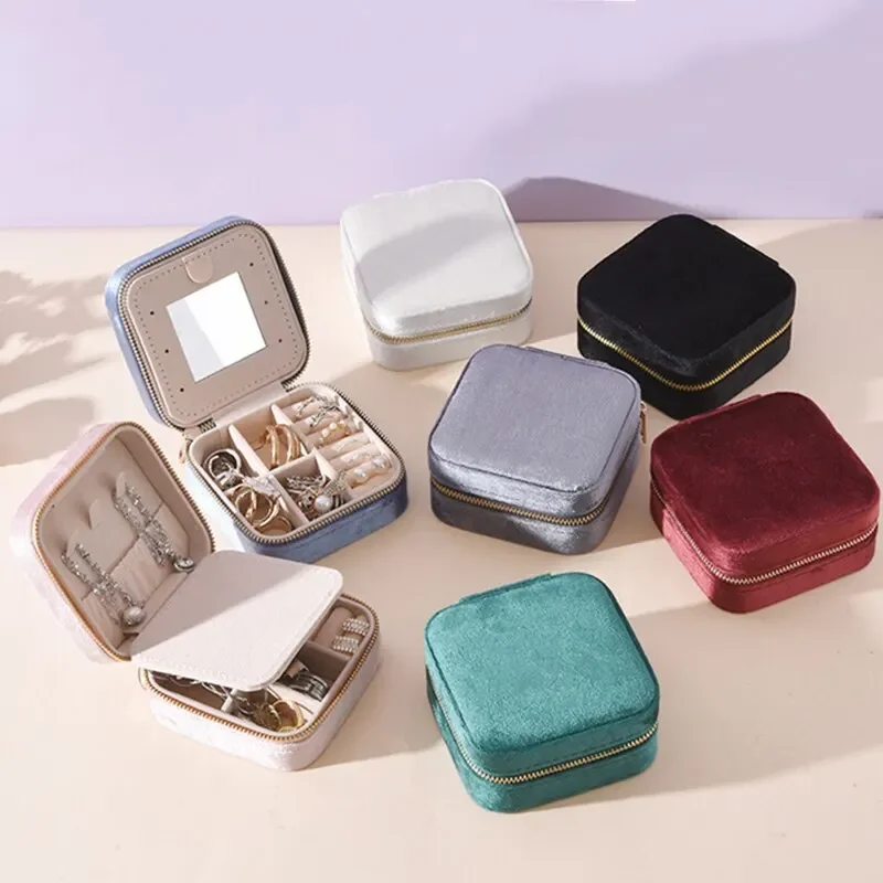 Tragbare Schmuck-Aufbewahrungsbox mit Spiegel-Reißverschluss, quadratische Boxen, Ohrringe, Halskette, Ring, Schmuck-Organizer, Display für Reisen