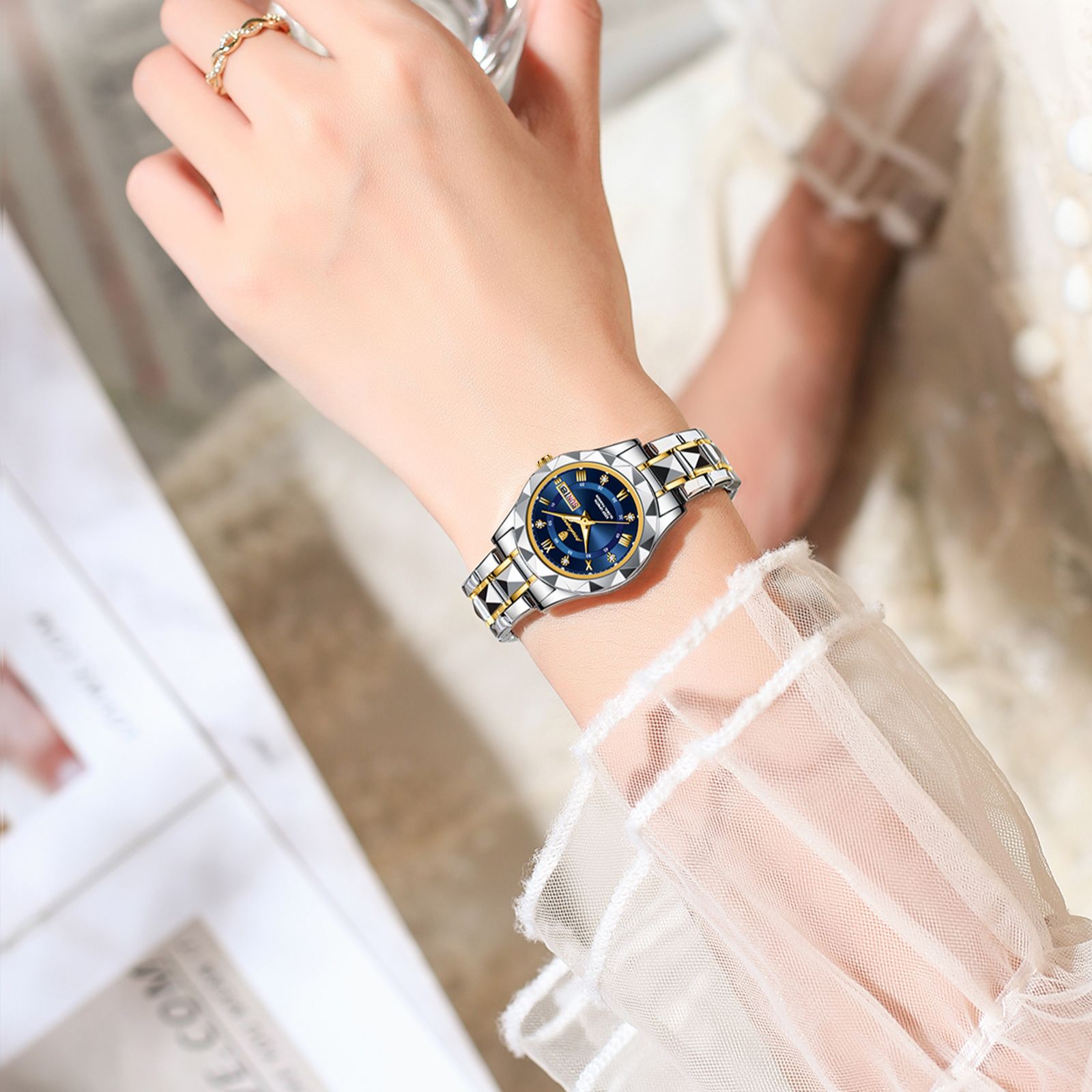 POEDAGAR, reloj de lujo para mujer, luminoso, resistente al agua, con fecha semanal, reloj de pulsera para mujer, relojes de cuarzo de acero inoxidable para mujer, reloj + caja