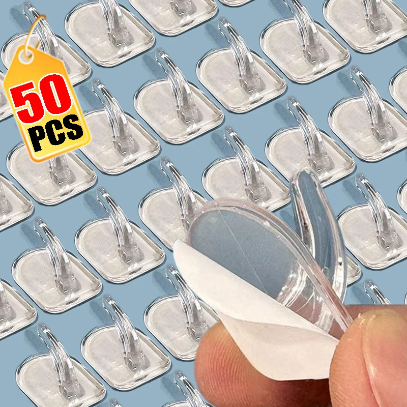 50/10PCS Mini Clear Wall Hooks Self Adhesive Transparent Sticky Hanger Wall Decor Hook Home Kitchen Bathroom Storage Organizers