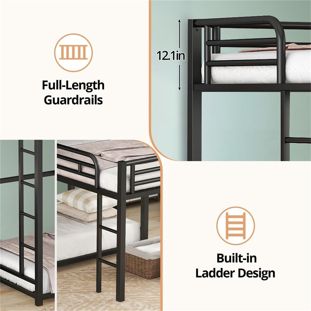 Heavy-Duty Triple Bunk Bed,Dormitory bed Metal L-Shaped Bunk Bed for 3 Kids Adults with Built in Ladder Full Length Guardrails