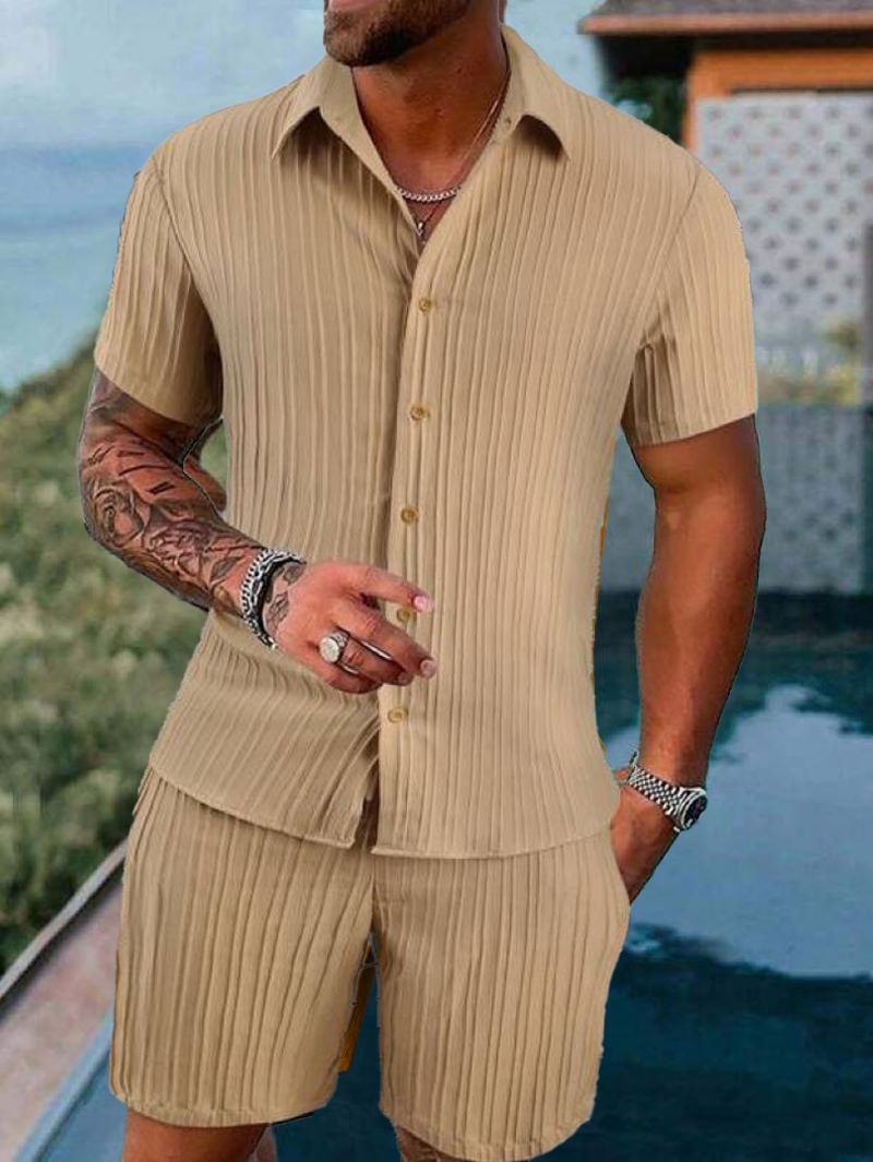 Traje de playa para hombre, pantalones cortos de manga corta de color sólido a rayas, camisa deportiva informal, transpirable, ligero, ropa de hombre de alta calidad ins