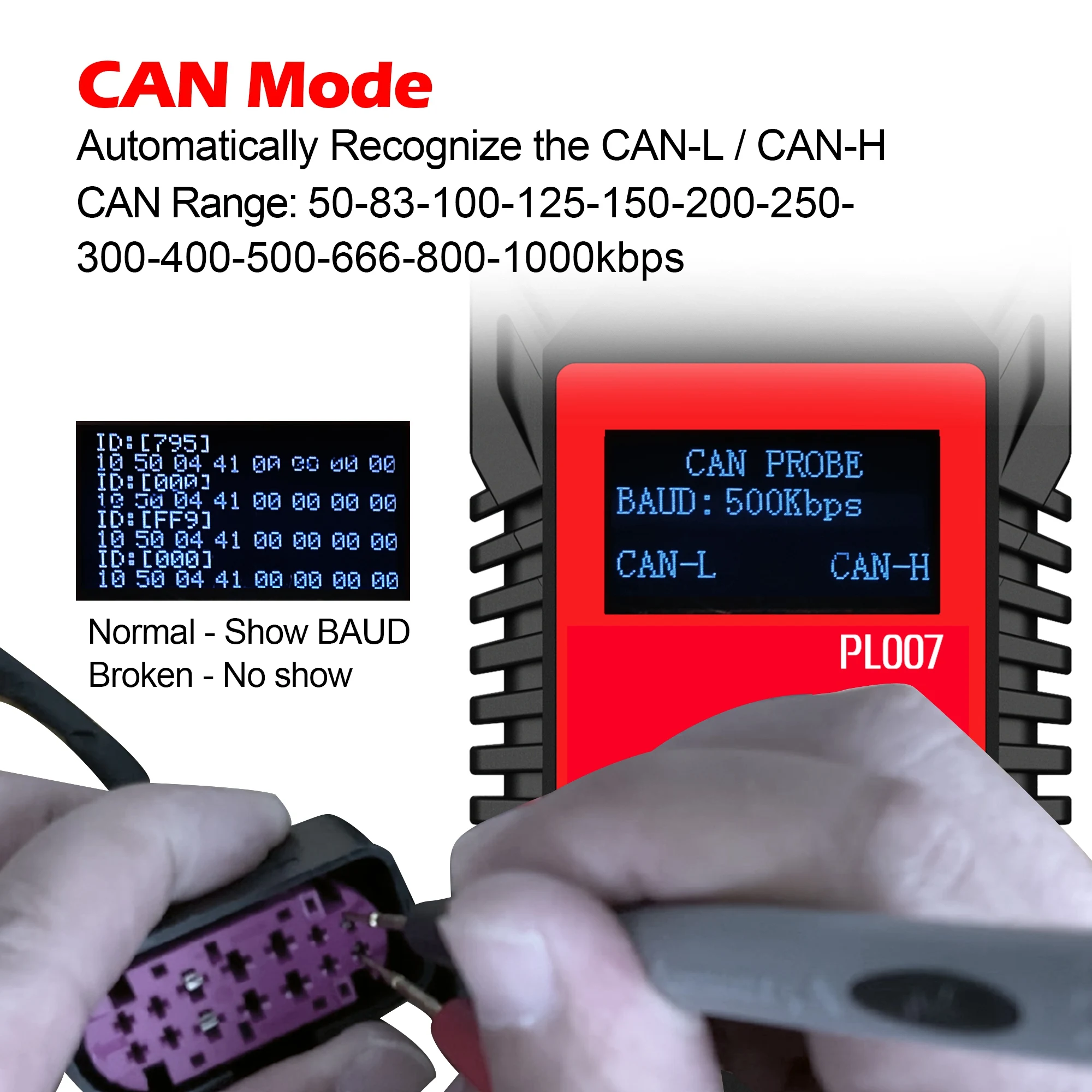 WOYO PL007 Probador CAN LIN PWM, reconocimiento automático de CAN-H y CAN-L, lectura de velocidad de baudios, para diagnóstico automotriz