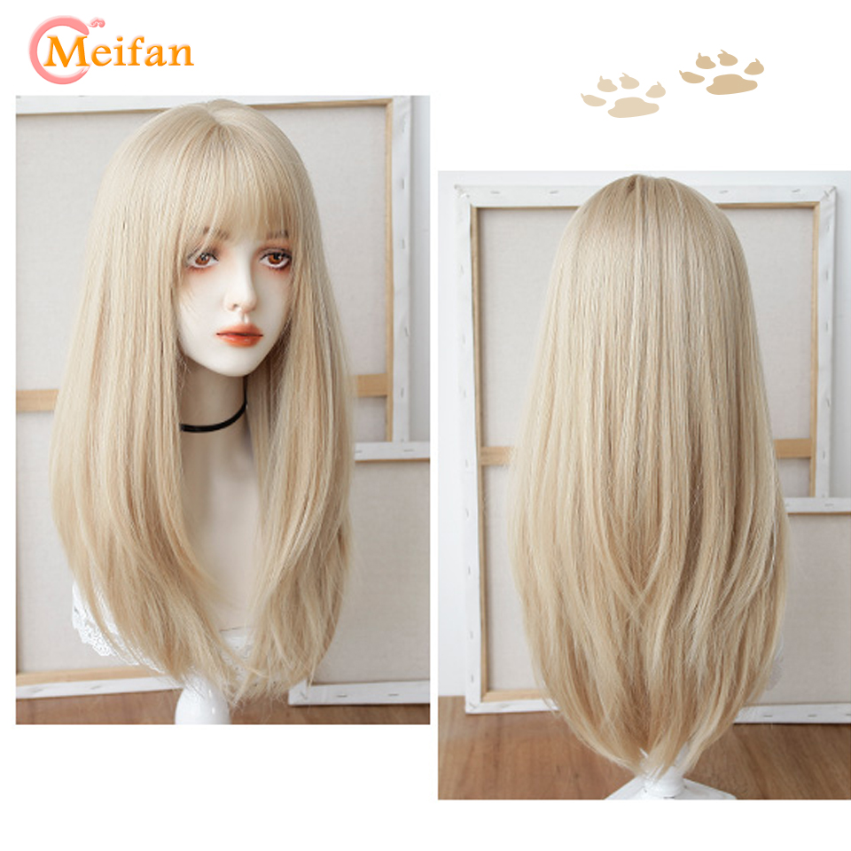 MEIFAN 合成ロングストレートロリータウィッグ前髪ウィッグ女の子かわいいオンブルピンクブロンド黒コスプレパーティーハロウィン原宿ウィッグ