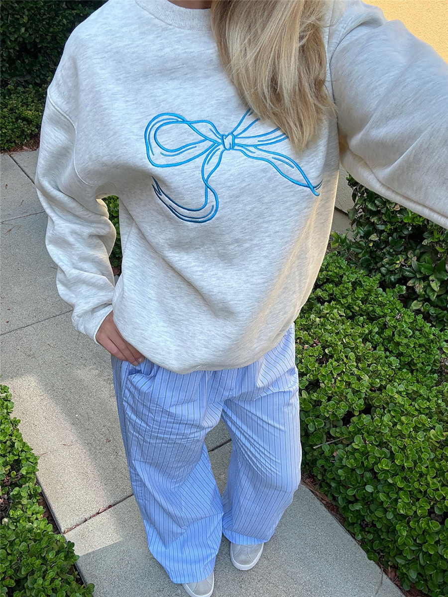 Süße rosa Schleife Drucke Hoodie für Frauen Herbst lässig lose Rundhals Langarm Sweatshirts weibliche Frühling Pullover Tops Mantel Y2K