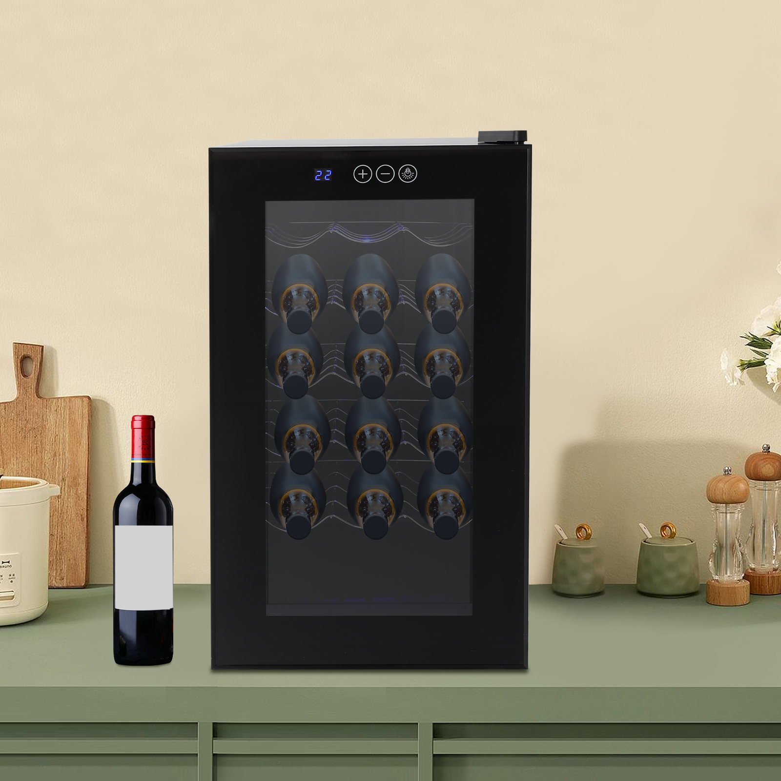 Bymaocar Weinkühlschrank, 18 Flaschen, elektronischer Rotweinschrank, Aufbewahrung, Rotwein, Champagner, Schwarz, 46 l, 220 V-240 V, 55 W