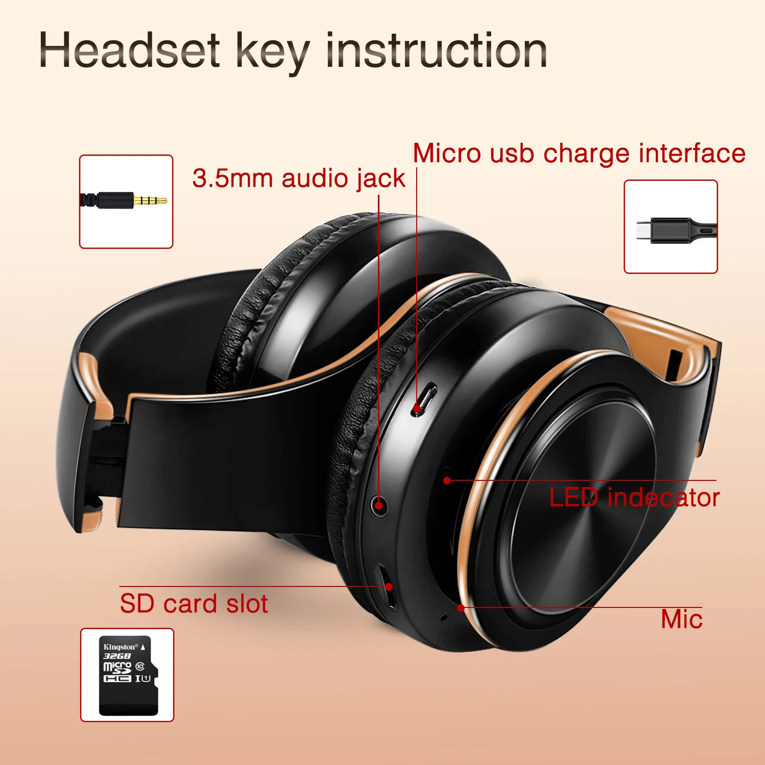 Regalo para hombres Auriculares inalámbricos dorados Auriculares Bluetooth Auriculares estéreo Juego con micrófono incorporado con universal para Android e iOS