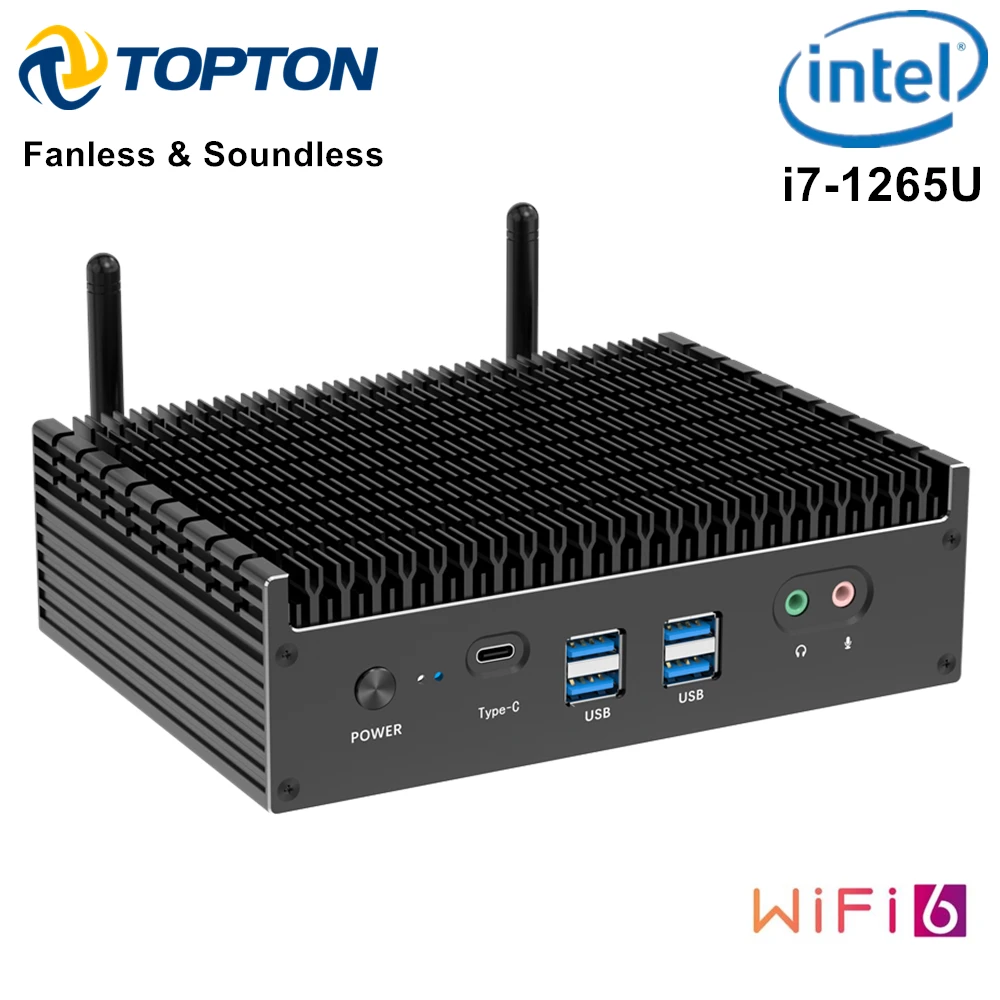 Topton Fanless Mini PC Intel i7 1355U i5-1335U Processor Desktop PC Windows 11 Pro 2xHDMI 2.0 1xDP1.4 for Business Home Computer