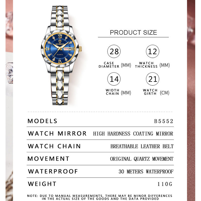 BINBONG Dameshorloges Luxe Mode Dames Quartz Horloge Waterdicht Lichtgevende Datum Roestvrij Vlek Horloge Vriendin Cadeau