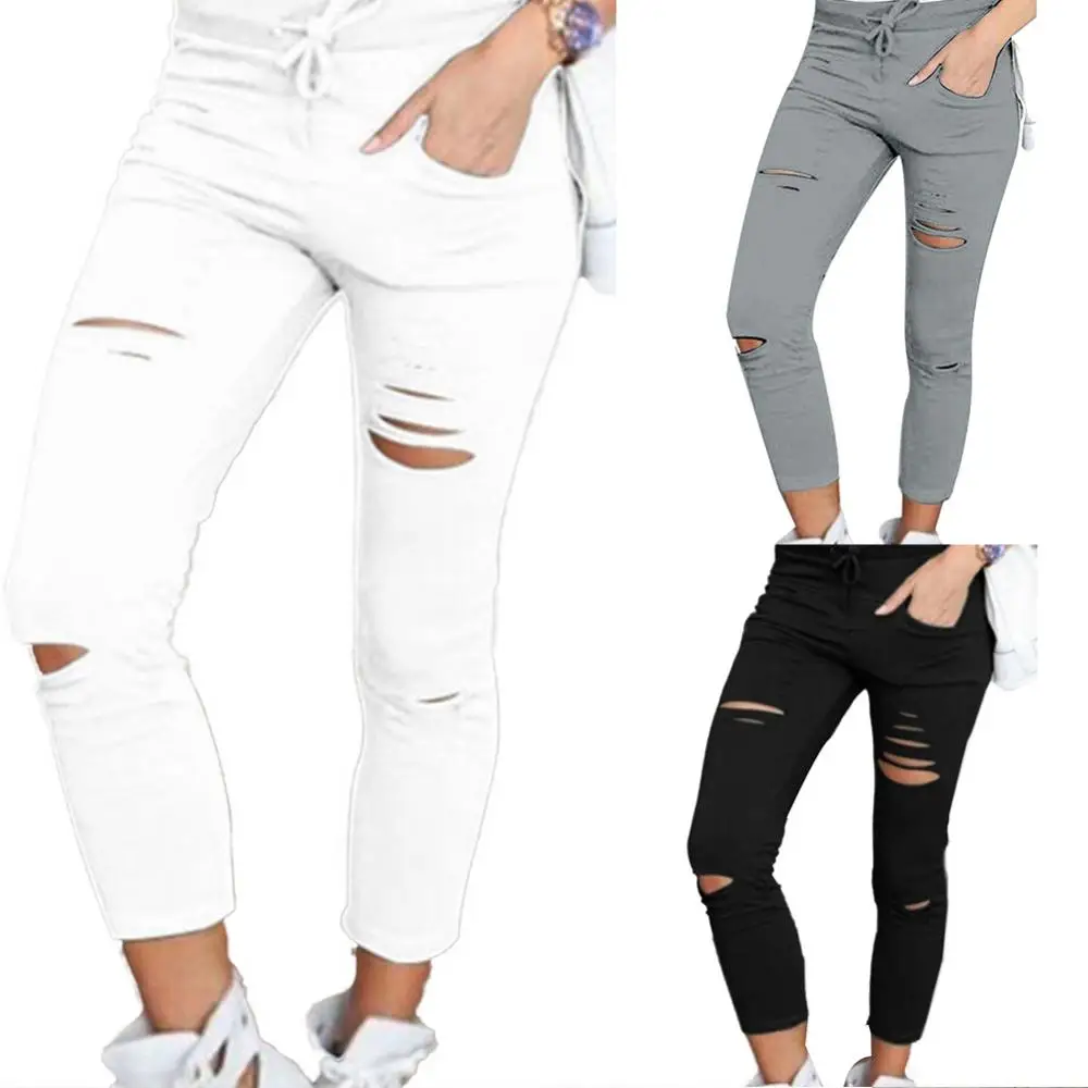 Pantalones pitillo de cintura alta con cordón de Color sólido, mallas ajustadas rasgadas, pantalones pitillo de cintura alta, mallas ajustadas rasgadas