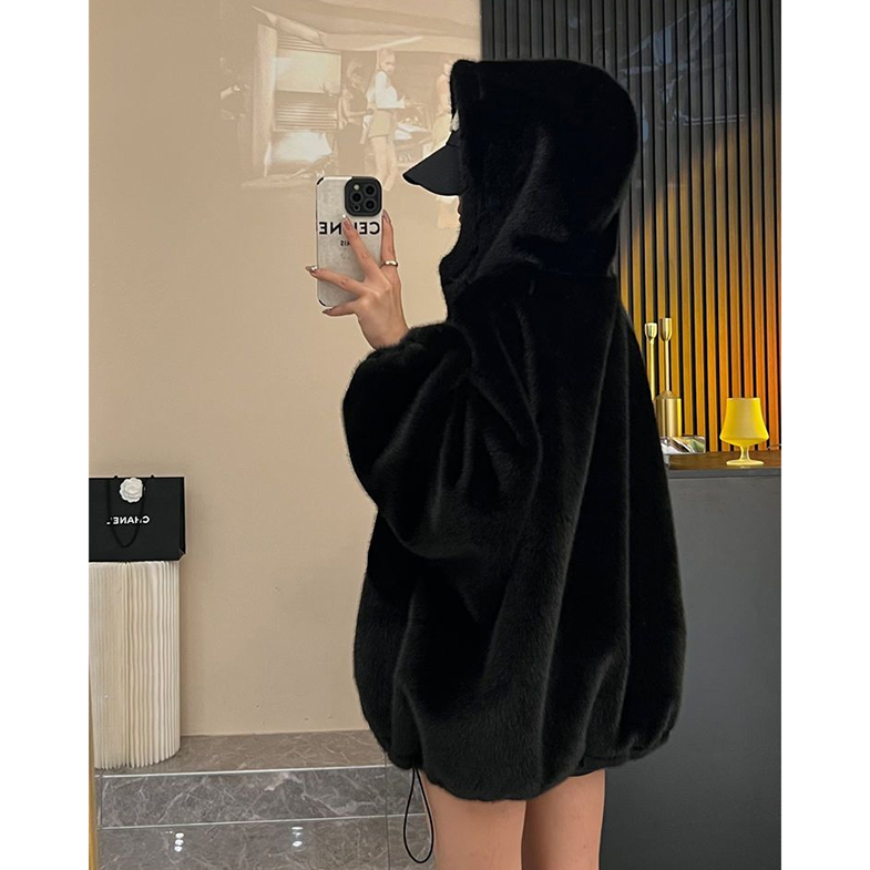plus Size Women's Faux Rabbit Fur Coat Thickened Plush Loose Winter Coat with Hood Korean Sle Long Sleeve Mid-Length Jacket