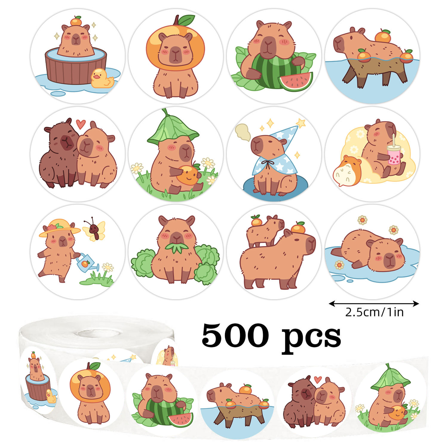 Capybara-Aufkleber, 500 Stück/Rolle – niedliche Cartoon-Tier-Aufkleber für Laptop, Notebook, Gepäck, Wasserflasche