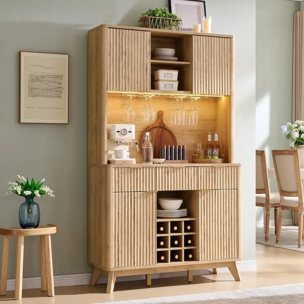 72 Inch High Bar Cabinet with Storage, Modern Wood Coffee Bar Cabinet with LED Lights and Storage Racks