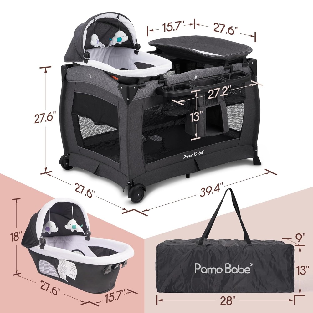 Deluxe Nursery Center, Foldable Playard for Baby & Toddler, Bassinet, Mattress, Changing Table for Newborn(Black)