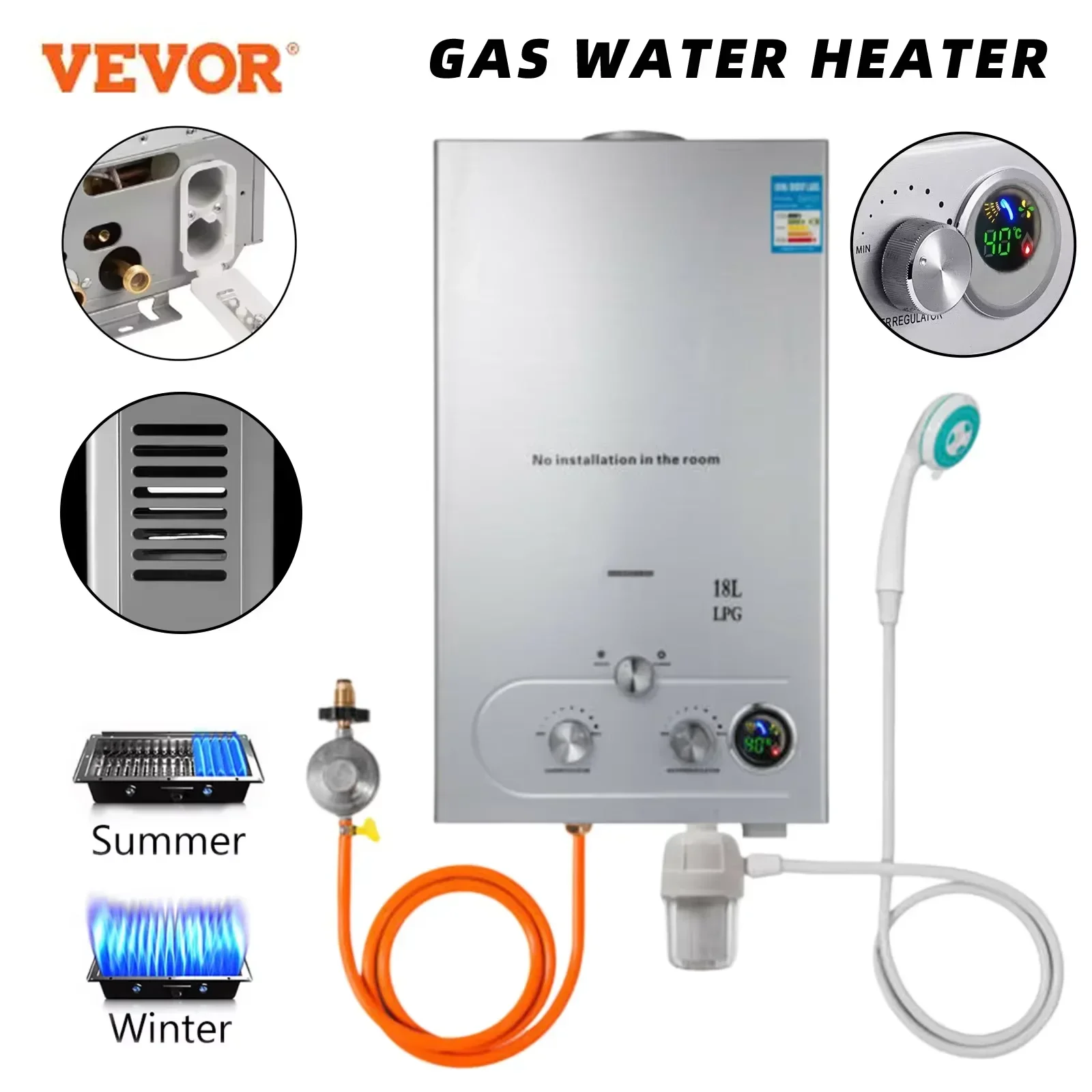 VEVOR 6L 8L 10L 12L 16L 18L Портативный внутриканальный водонагреватель для сжиженного нефтяного газа Настенный безрезервуарный водонагреватель с цифровым дисплеем