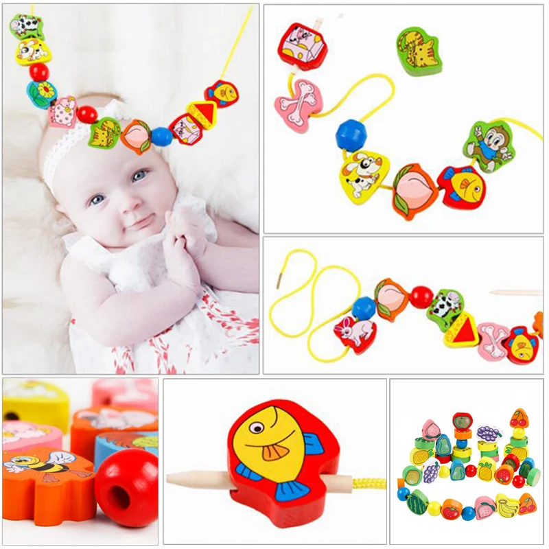 26 ชิ้นของเล่นไม้เด็ก DIY ของเล่นการ์ตูนผลไม้สัตว์ Stringing Threading ลูกปัดไม้ของเล่น Montessori การศึกษาสําหรับเด็ก GYH