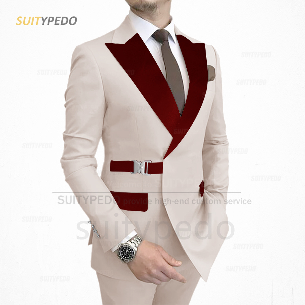 Conjunto de terno de veludo Borgonha masculino, roupas feitas sob medida, jaqueta, blazer, calça, lapela, masculino, jantar noturno, elegante, moda, 2 peças