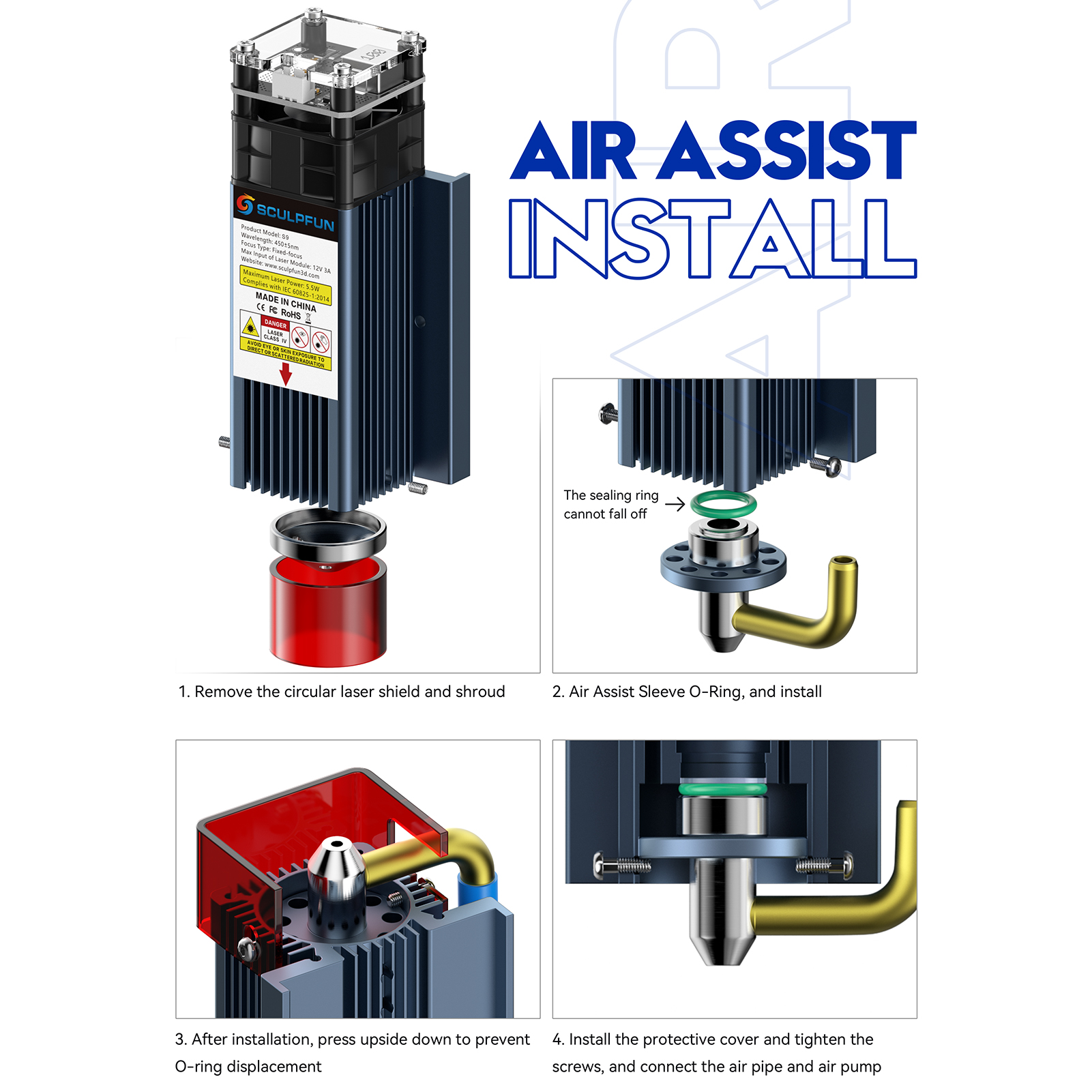 SCULPFUN S9 Kit de boquillas de asistencia de aire con bomba de aire Versión UE 220V Estructura totalmente metálica de asistencia de aire de alta velocidad