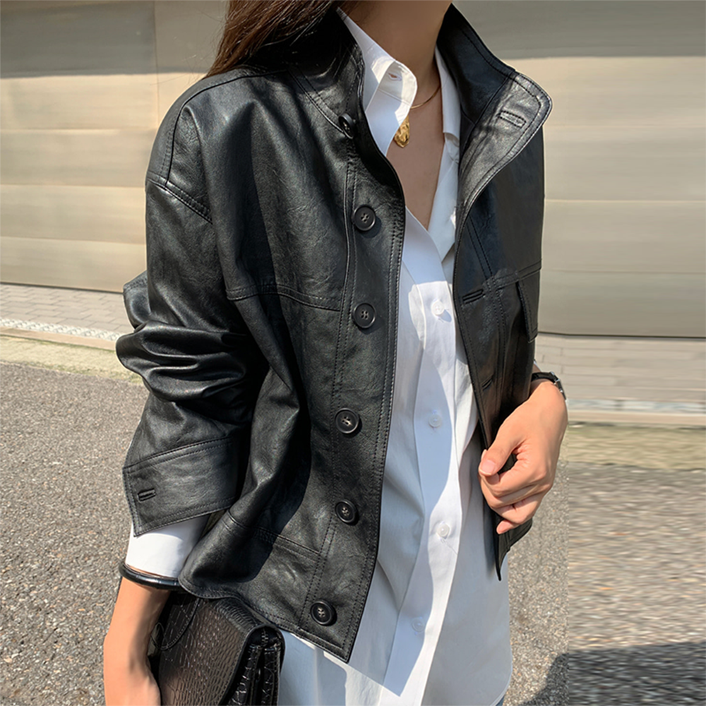 Koreanische Einfache Einreiher Leder Jacke Frauen Mode Stehen Kragen Lose Beiläufige Faux Leder Lokomotive Mantel PU Oberbekleidung