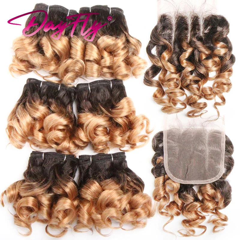 Cabelo brasileiro tecelagem com fecho, pacotes curtos de cabelo humano, Ombre Bouncy Curly Bundles, 4x4, 6 + 1/Lot
