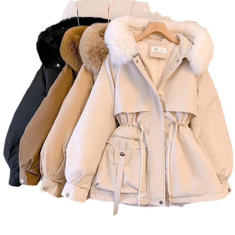 Fell Kapuze Frauen Dicke Parkas Zipper Herbst Mäntel Elastische Taille Midi Jacken Taschen Mäntel Elegante Mantel Warme Winter 2024