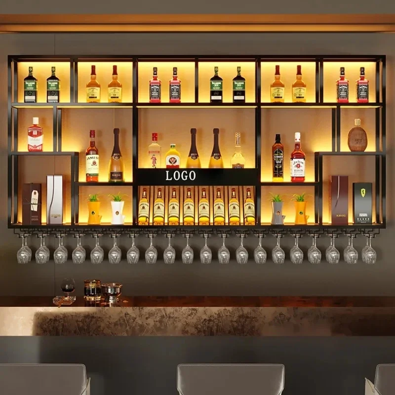 Retro Bar ตู้โมเดิร์นโลหะสไตล์อุตสาหกรรมบุฟเฟ่ต์เครื่องดื่มเก็บหรูหราติดผนังชั้นวางไวน์ทอง Wijnkast Club เฟอร์นิเจอร์
