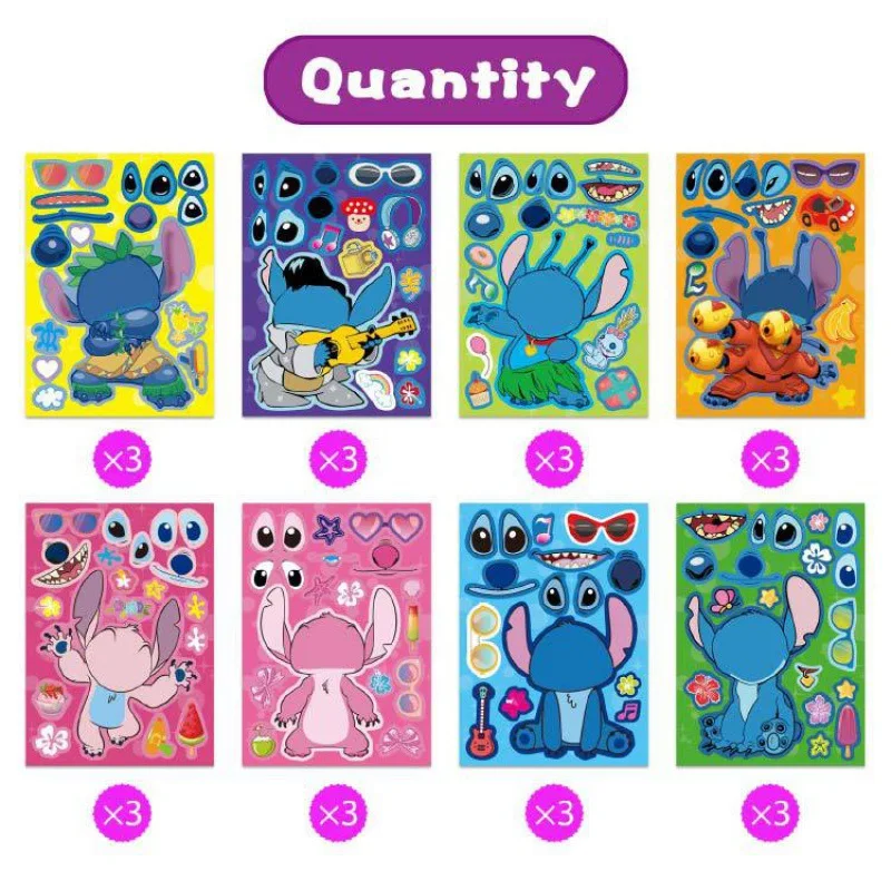 8/16/24Sheets Kawaii Disney Stitch Make A Face Stickers Puzzle Cartoon Decal DIY Make Your Own Assemble Jigsaw Sticker