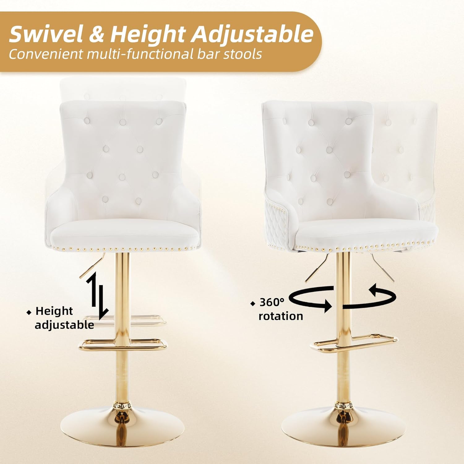 Bar Stool Set of 4 Golden Lion Pull Ring Swivel Chair for Kitchen Counter Nailhead Upholstered Barstools Height Adjustable