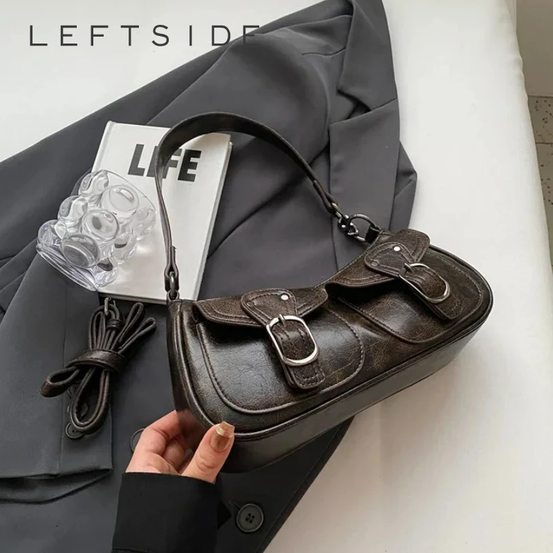 LEFTSIDE Fashion Double Pockets Design PU Leather Shoulder Bag For Women 2023 Tend Female Crossbody Bag Underarm Bags Handbags