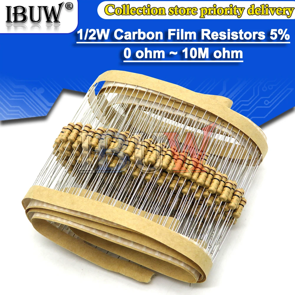Bộ 50 1/2W Carbon Bộ Phim Điện Trở 1R ~ 2.2M 100R 220R 330R 1K 5% 2.2K 3.3K 4.7K 10K 22K 47K 100K 100 220 330 1K5 2K2 3K3 4K7 ohm