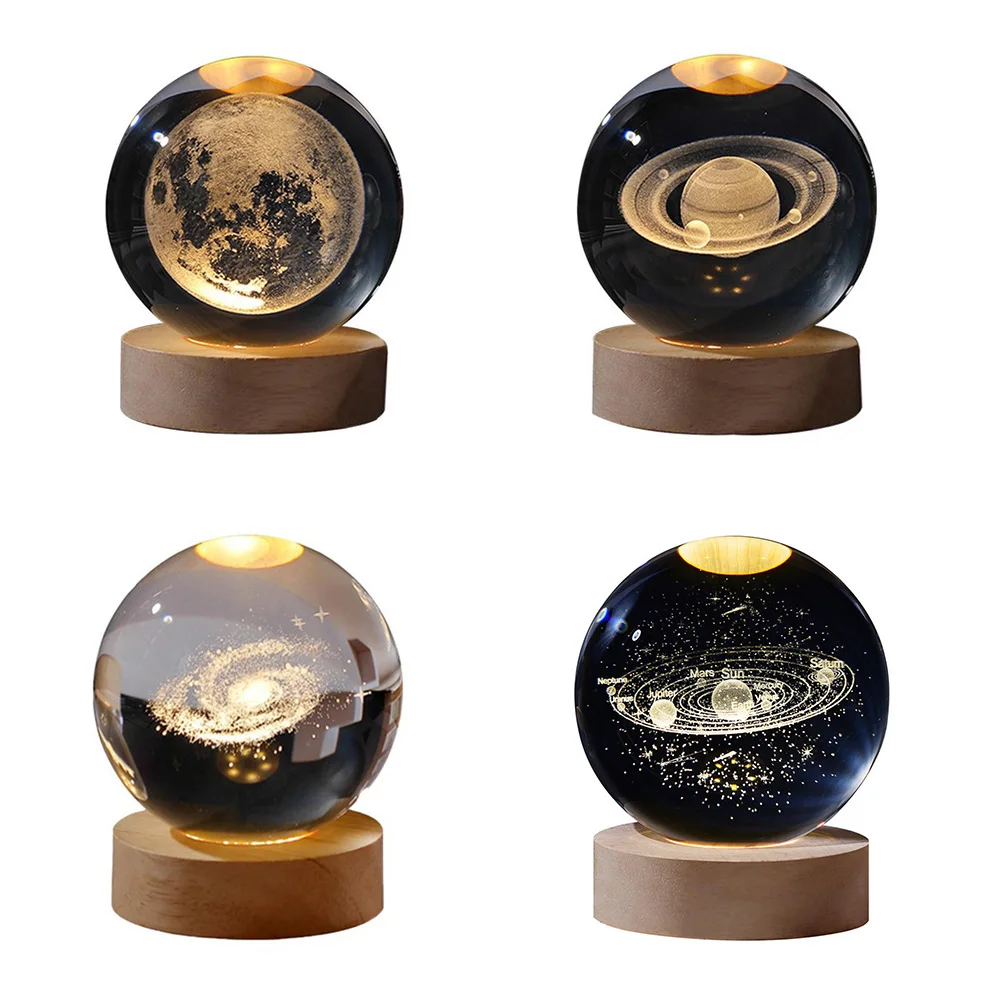 3D クリスタルボールランプガラス惑星 LED 暖かい夜の光レーザー彫刻太陽系地球儀宇宙誕生日ギフト木製ベース