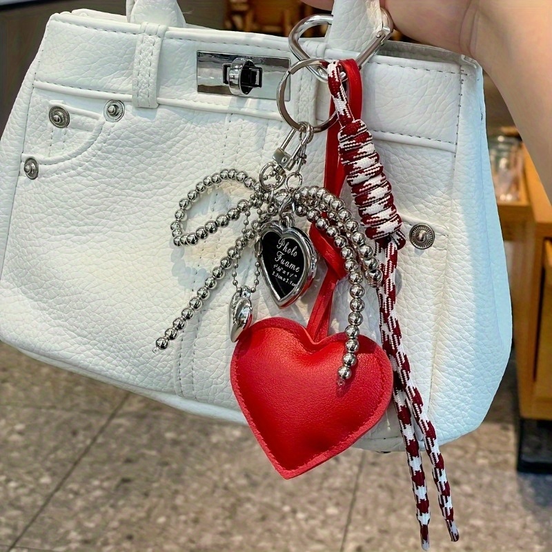 Trendy Leather Heart Bow Keychain Delicate Beaded Keyring Car Key Holder Bag Pendant Decoration For Girls Gift