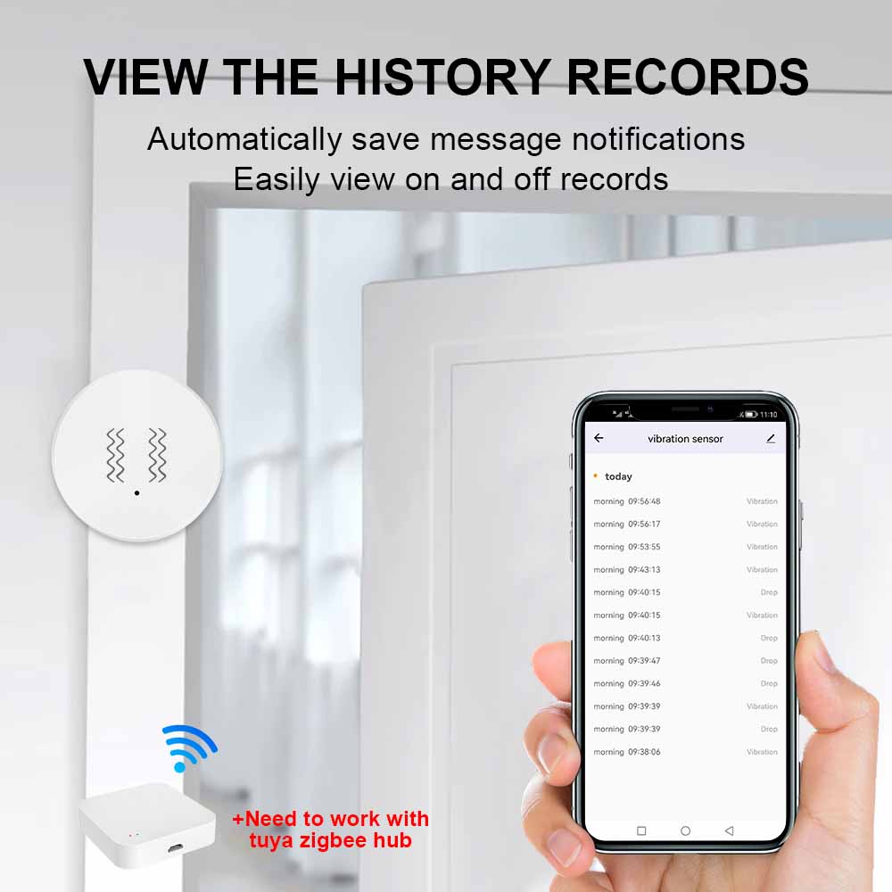 Zigbee 기능 감지 기능이 있는 진동 센서 Tuya Smart Life APP 알림 실시간 모션 충격 알람 기록 기록