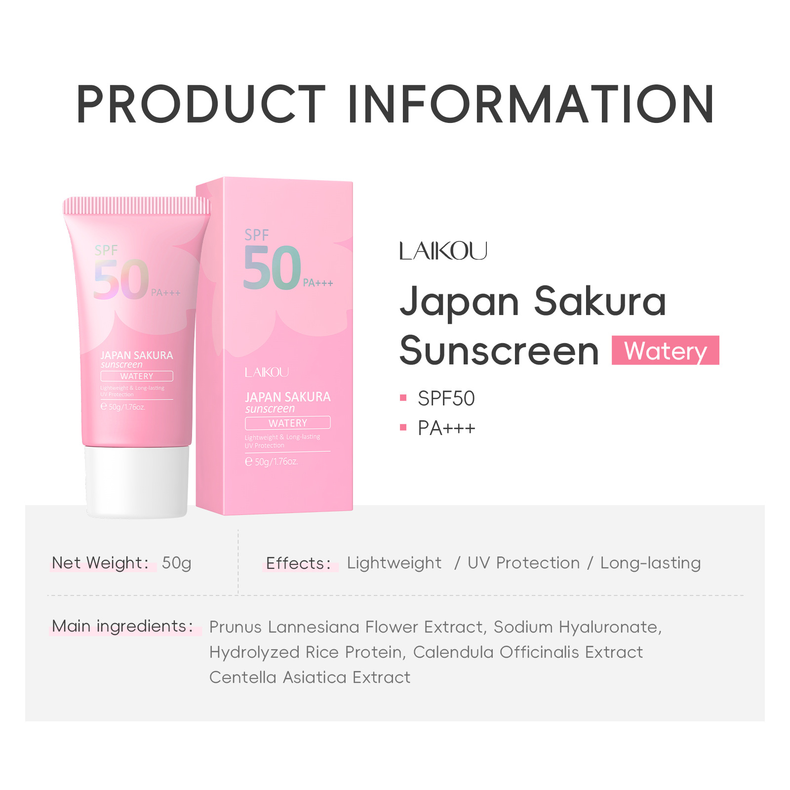 Laikou Sakura Moisturizer Sunscreen Cream Protector Facial Sun Block Spf50 Gel Isolation Lotion  Face Suncream