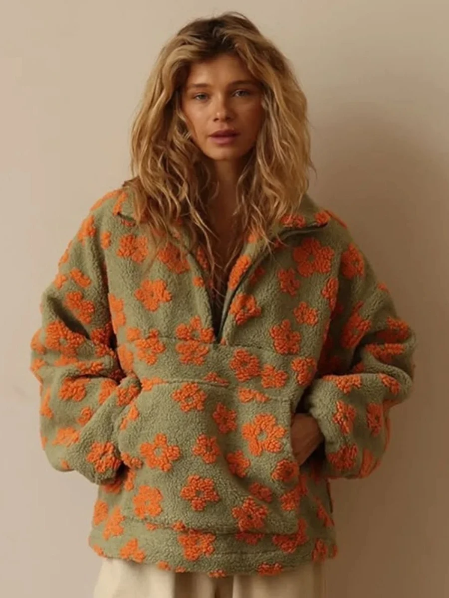Wolfeel nuevo Otoño Invierno mujer Sherpa Floral pulóver sudaderas con capucha estilo medio cremallera suelta ajuste cálido elegante sudadera
