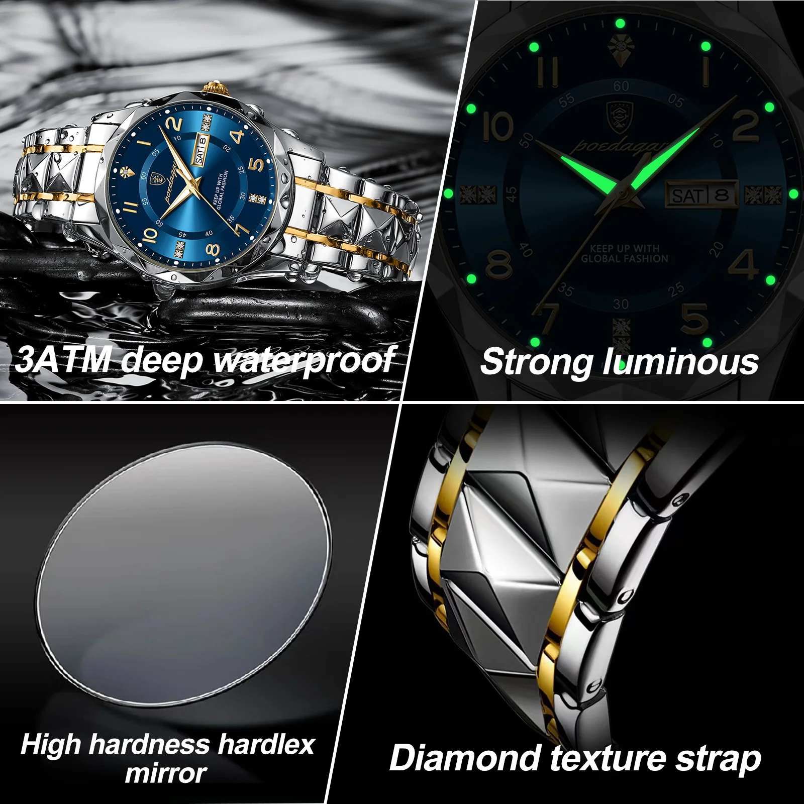 Reloj de pulsera POEDAGAR de lujo para hombre, resistente al agua, luminoso, con fecha y semana, reloj deportivo de cuarzo de acero inoxidable para hombre, reloj masculino + caja