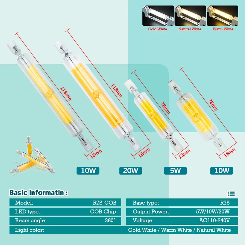 R7S LED Glass Tube 78mm 118mm COB Bulb 5W 10W 20W r7s Lampada Corn Lamp J78 J118 AC220V 110V Energy Saving Replace Halogen Light