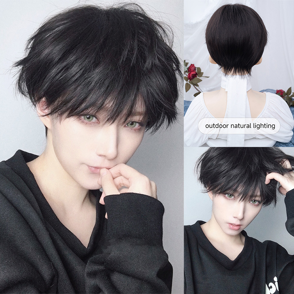 10 Polegada cor preta bonito perucas sintéticas com bang curto peruca de cabelo reto para homens feminino diário cosplay festa resistente ao calor
