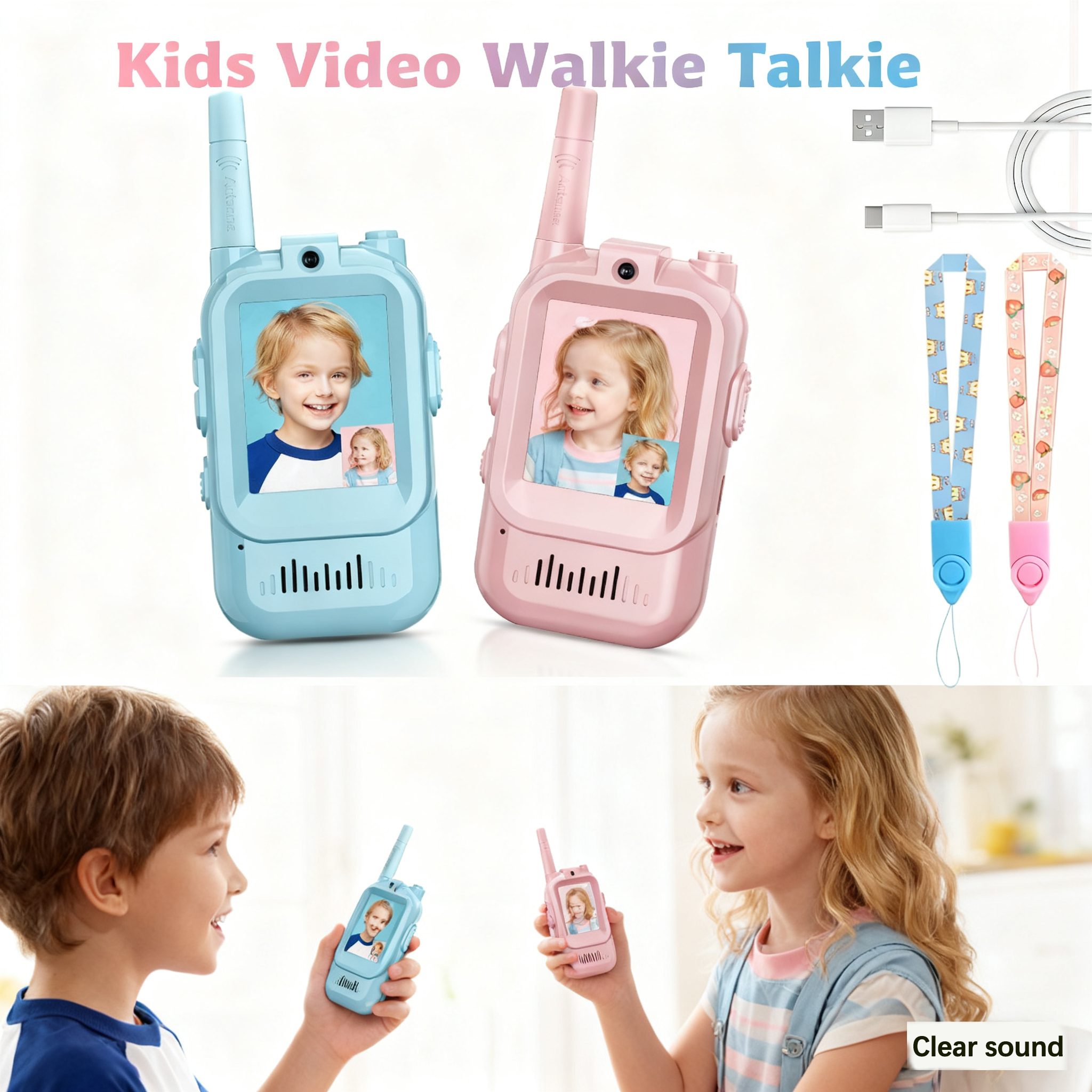 Walkie Talkie AIRITON JK200 para niños con vídeo, paquete de 2, cambiador de voz de sonido claro recargable, regalo de largo alcance para niño, 2 uds.