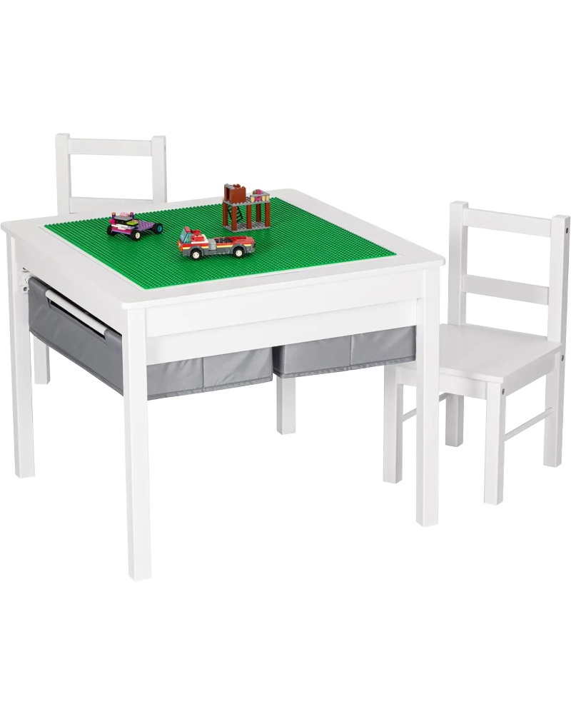 Dual-Purpose Wooden Kids Construction Table with Storage and Chairs, LEGO-Compatible