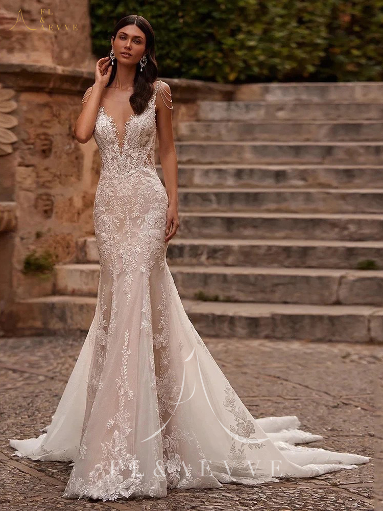 FL & AEVVE Aangepaste Luvury Kant Trouwjurk Spaghettibandjes Strand Bruidsjurken Bruiloft Jurk vestidos de novia