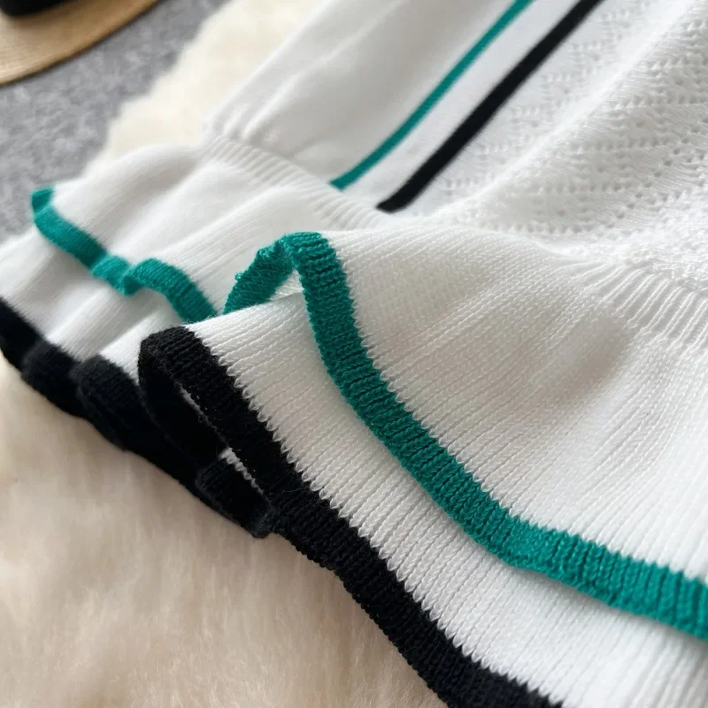 Frauen Farbe Patchwork Rüschen Saum Gestrickte Mini Kleid Tasten Polo-neck Kurzarm Hohe Stretch Bodycon Casual Outfits Vestidos