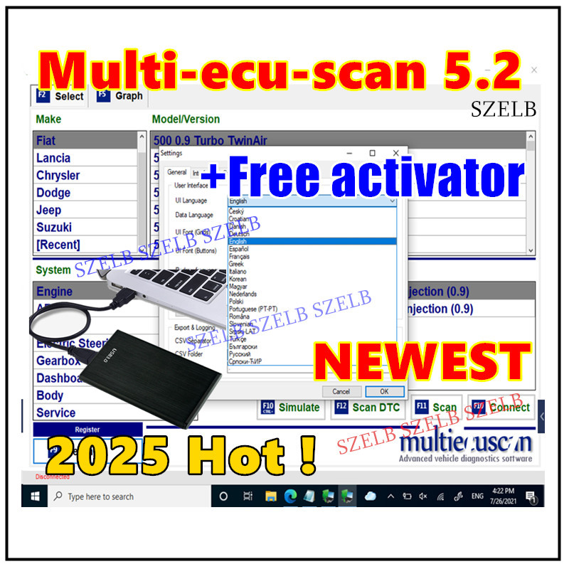 Новейший Multiecuscan V5.2, зарегистрированный неограниченный Keygen для Fiat Scanner Multi Ecu Scan работает для ELM327 OBDII диагностического инструмента