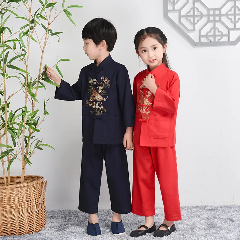 소년 코튼 라인 당나라 옷 긴 소매 Hanfu 세트 어린이 중국 스타일 셔츠 & 바지 2Pcs 복장 자수 드래곤 Kongfu 의상