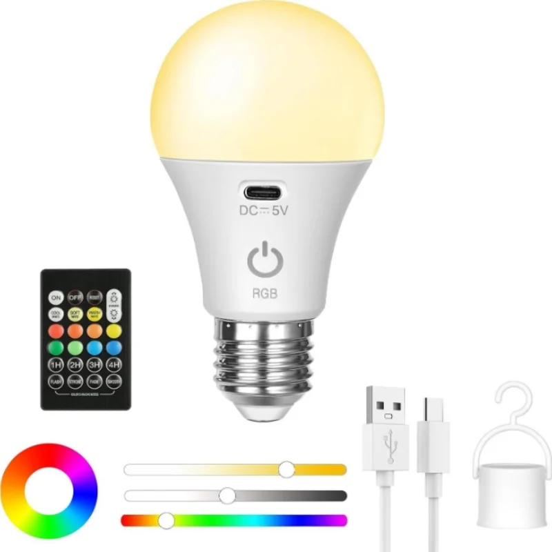 Żarówka LED USB 3/RGB, ładowalna, inteligentna, ściemnialna, E27, z timerem, bezprzewodowa, zasilana bateryjnie.