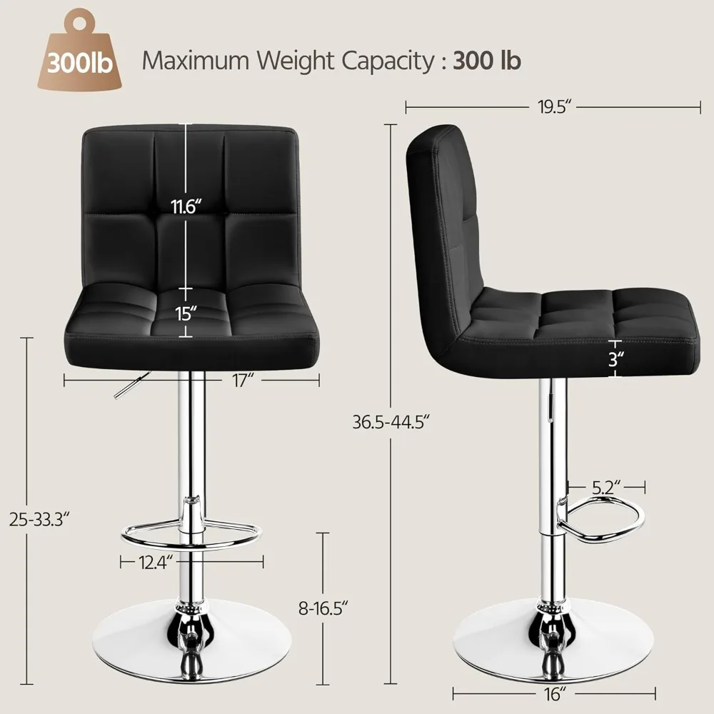 Bar Stools Set of 2, Adjustable PU Leather Swivel Barstools, Stools with Back and Footrest, Counter Height Barstools for Bar