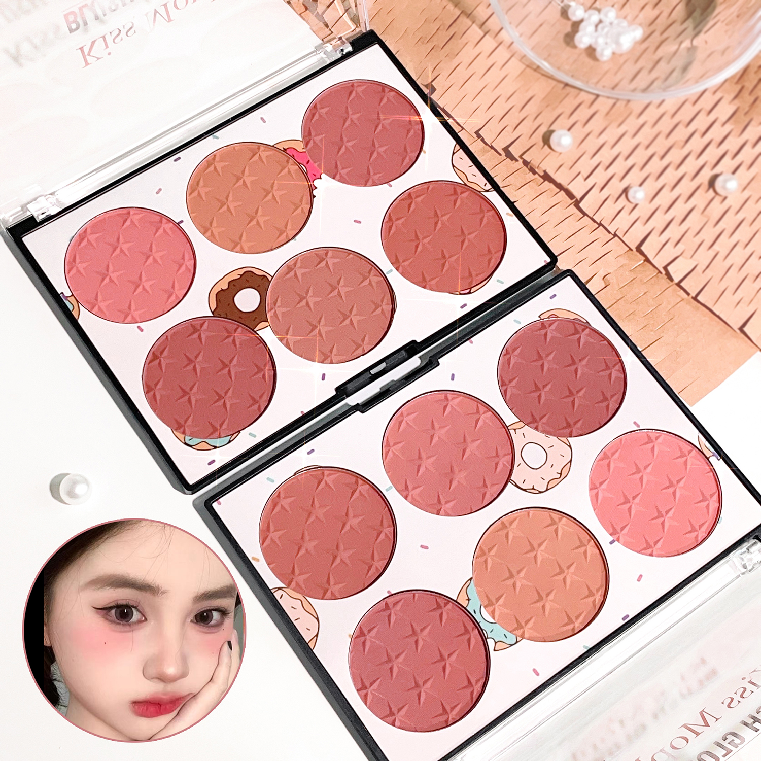 Placa de blush de seis cores, coração de menina, à prova d'água, pérola fosca, multicolorida, maquiagem nude, estudantes de aliciamento natural
