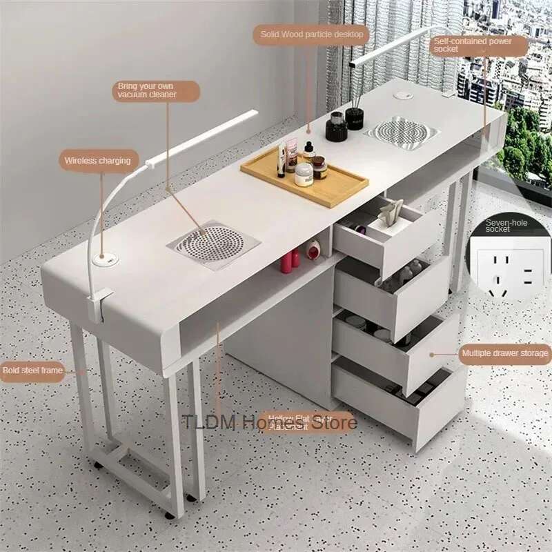 Mesa de manicure dupla única moderna com gavetas estilo creme mesa de unhas e cadeira conjunto luz luxo ins mesa de unhas para loja de unhas