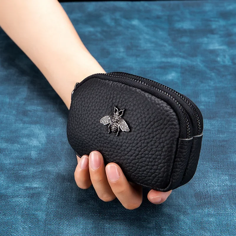 ผู้หญิง Cowhide Double Zipper กระเป๋าสตางค์แบบพกพากระเป๋า Bee Card Hoder ลิปสติกหนังมินิหูฟัง